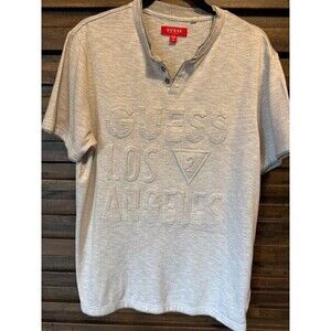Mens Guess Los Angeles Textured Raised‎ Logo Henley MED Grey Short Sleeve EUC